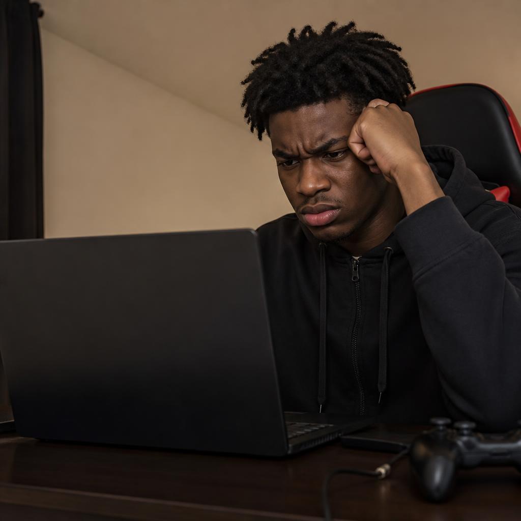 Dylan, jeune gamer noir, frustré devant son PC bloqué